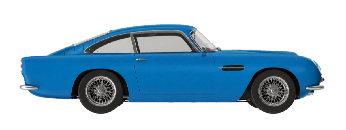 A blue vintage coupe parked in the service alley